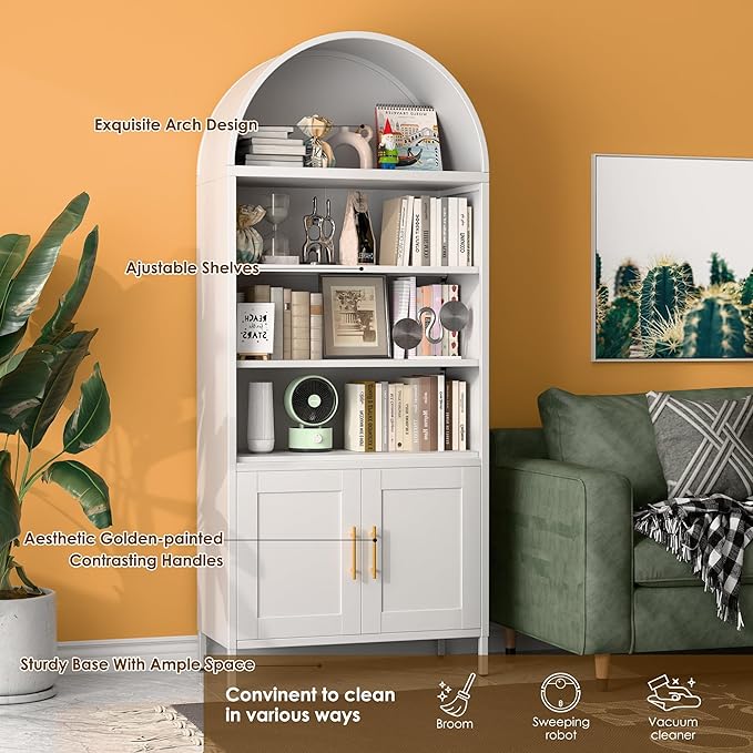 VEXPOR 73" Tall Metal Arched Bookcase with Doors, 5-Tier Arched Bookshelf with 2 Adjustable Shelves for Living Room, Home Office, Assembly Required, White