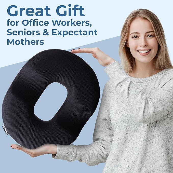 5 STARS UNITED Donut Pillow Hemorrhoid Tailbone Cushion – Large Cushion for Pain Relief – Coccyx, Prostate, Sciatica, Pelvic Floor, Pressure Sores, Pregnancy, Postpartum Recovery, Arctic Black