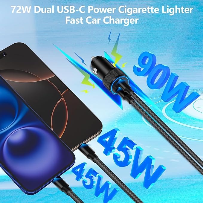 Linocell [Apple MFi Certified] iPhone 17 Car Charger, 90W USB C Car Charger Dual PD Power Cigarette Lighter Adapter with 2Pack Type C Braided Cable for iPhone 17/17 Pro Max/16/15/Galaxy S26/S25/Pixel