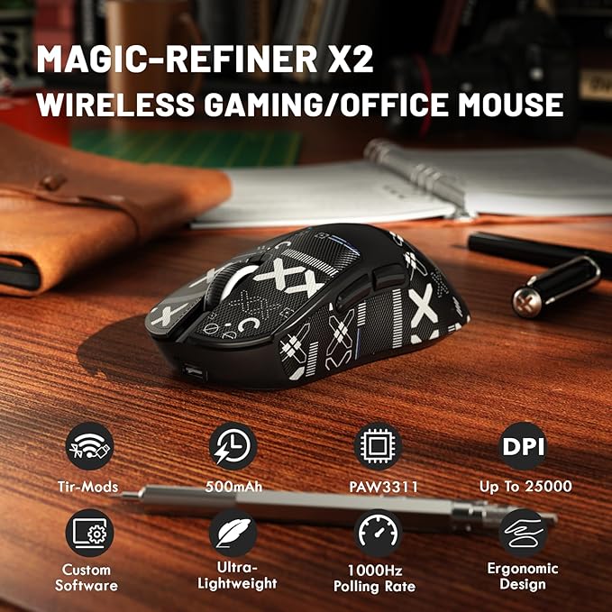 ZIYOU LANG×Magic-Refiner X2 Lightweight Wireless Gaming Mouse,Tri-Mode(2.4G/Wired/BT),25K DPI,PAW3311 Optical Sensor,1000Hz Polling Rate,500mAh,69g Ergonomic Mice for Medium-Large Hands-Black&Sticker