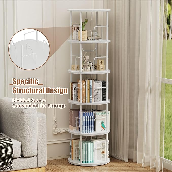 ALLSTAND 5 Tier Rotating Bookshelf, 360 ° Display Stackable Spinning Bookshelf Tower, Corner Bookshelf Tall Floor Standing Swivel Bookcase Narrow Storage Organizer for Bedroom, Living Room, White