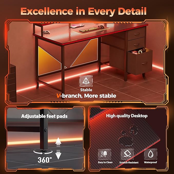 Mericonia Computer Desk 63 inch with Power Outlets & LED Lights, Gaming Desk with 3 Drawers for Home Office, Small Desk with Monitor Stand for Small Spaces, Study Writing Desk