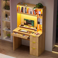 WOOVIVS Home Office Desk with Hutch & LED Lights - 39" Computer Desk with Charging Station, 3 Large Drawers, Hidden Compartment & Fluted Panel Design,Natural Writing Desk for Bedroom, Study