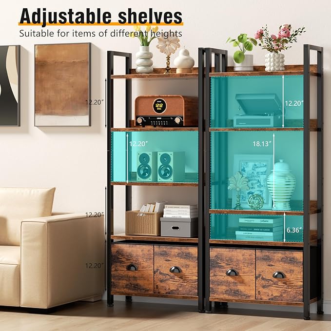 Furologee 5-Tier Bookshelf, Tall Bookcase with 2 Storage Drawers, Industrial Standing Storage Shelf, Wood Metal Display Rack for Living Room Bedroom Home Office, Rustic Brown