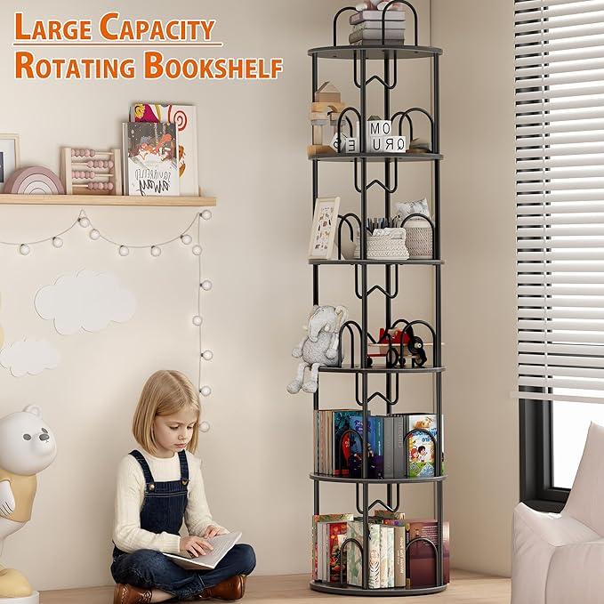 5 Tier Rotating Bookshelf, 360° Spinning Bookshelf Tower, Narrow Corner Book Shelf, Revolving Bookcase Corner Tall Book Shelf for Small Spaces, Bedroom, Living Room, Black