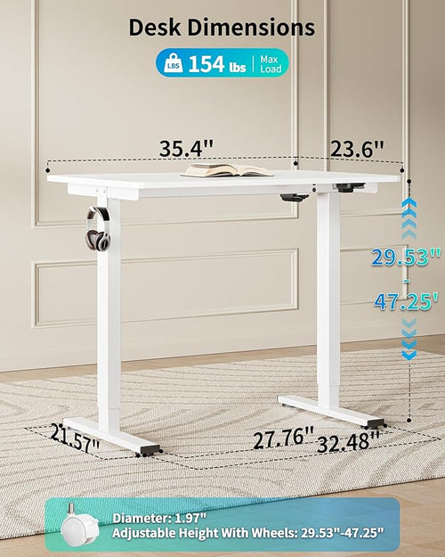 BIZUM 35.4" Small Electric Standing Desk Height Adjustable, Whole Piece Stand Up Computer Desk Work Study Writing Gaming Desks for Home Office White