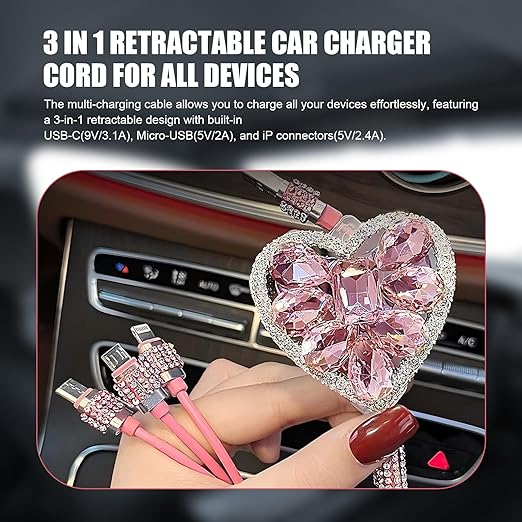 Multi Charging Cable, 3 in 1 Retractable Car Charger, Fast Charging Data Car Cable with Type-C/Lightning/Micro USB Connectors, Universal for Mobile Devices (Pink)