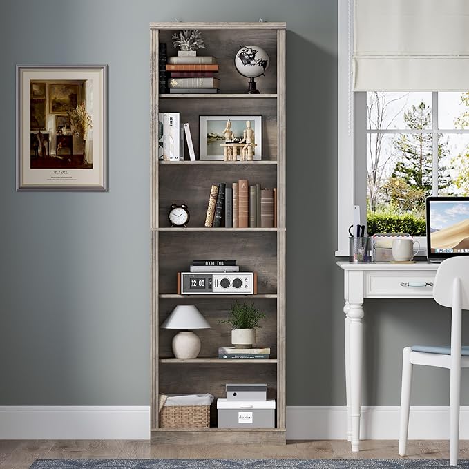 BORNOON 75" Tall Bookshelf, 6-Tier Floor Standing Bookcase with 2 Adjustable Shelves, 24" Wide Open Storage Shelf, Modern Display Organizer for Home Office, Living Room, Bedroom, Study
