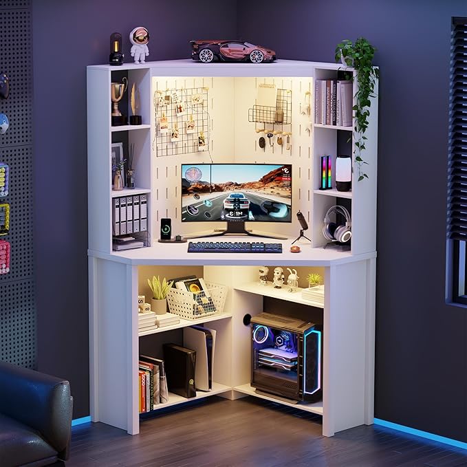 Corner Desk with LED Reading Lights, L Shaped Computer Desk with Hutch & Shelves, Triangle Home Office Desk w/ Charging Station for Work & Study, File Cabinet Storage Bookshelf for Small Space (White)