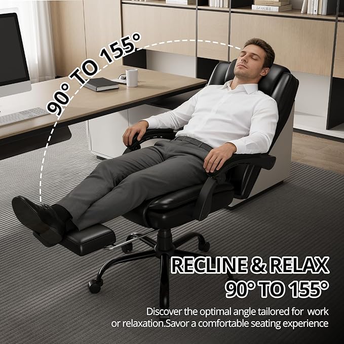 350lbs Big and Tall Executive Office Chair with Footrest, Reclining High Back Leather Desk Chair, Wide Seat with Pocket Spring Lumbar Support and Pillow, Ergonomic Computer Chair for Home Office