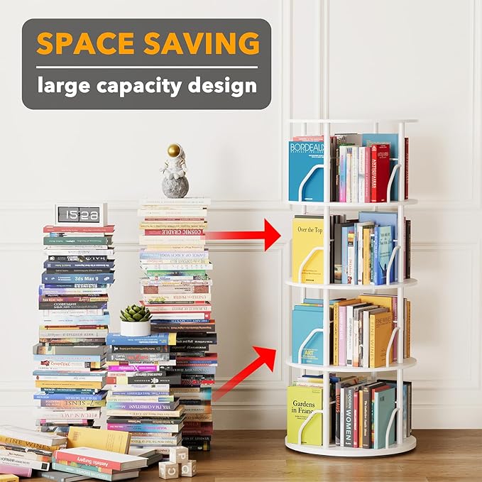 SpaceAid 4 Tier Rotating Bookshelf Tower, 360 Display Stackable Spinning Bookcase, Space Saving Revolving Round Book Shelf, Floor Standing Swivel Corner Organizer, White