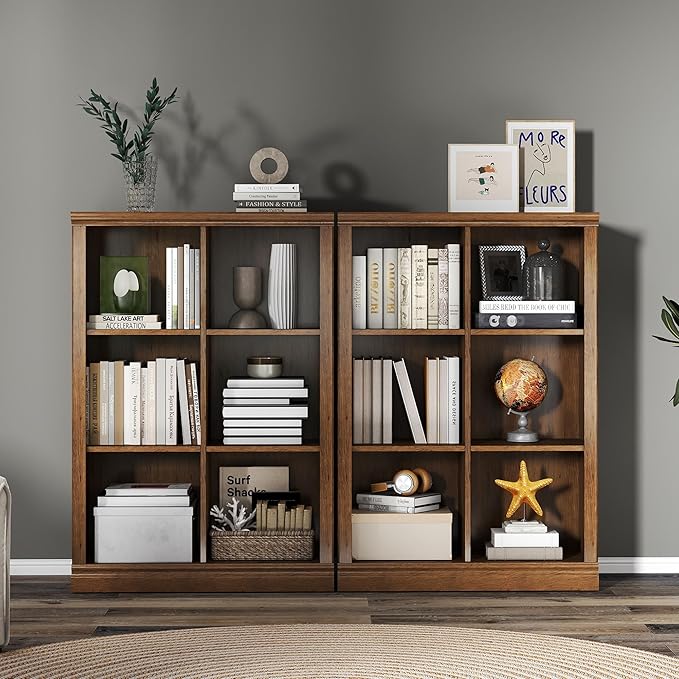 Bevfint 6 Cube Storage Organizer Bookcase - 3 Tiers 6 Storage Cube Adjustable Space Book Case, Display Cabinet Organizer, 30 inch Width Horizontal Bookshelf for Home Library Office, Vintage Oak