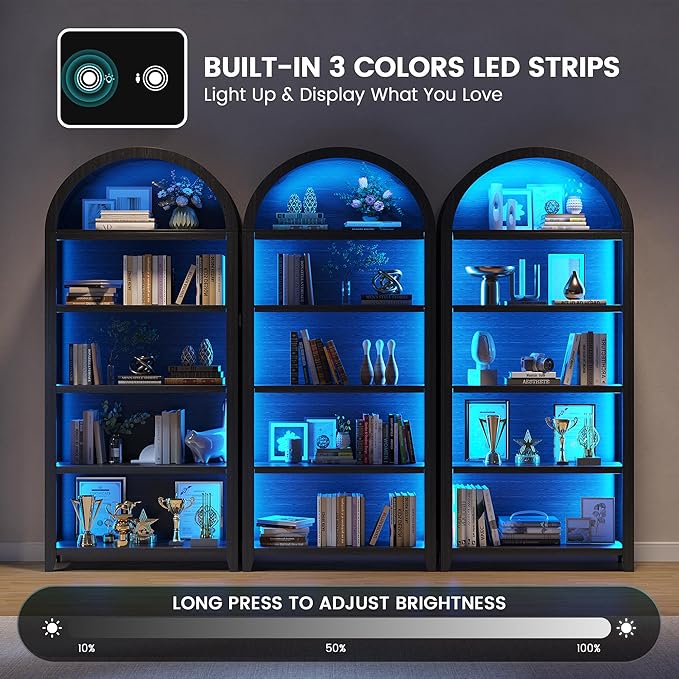 Arch Bookcase - 5 Tiers Bookshelf with 3 Colors LED Sensor Lights and Thickened Wooden Design Display Shelf for Lego Books Bathroom Living Room - Ideal Gift (Black)