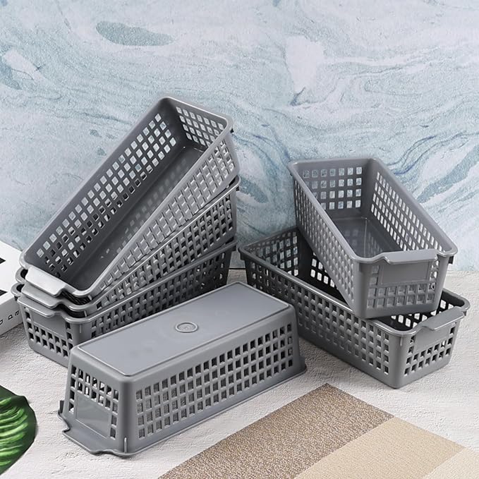 Ggbin 6 Packs Plastic Slim Storage Basket, Small Desktop Storage Basket Bins, Grey