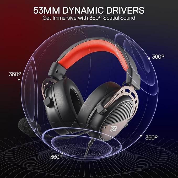 Redragon H730 USB Wired Gaming Headset - 53mm Drivers, 360° Spatial Sound, Detachable Noise-Canceling Microphone, Magnetic Replaceable Ear Cushions, Over-Ear Headphones Works for PC/PS4/PS5, Black