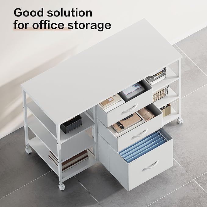 YeTom Mobile File Cabinet,Lateral Filing Cabinet with 3 Fabric Drawers,Rolling Printer Stand with 4 Open Storage Shelf for Home Office, White