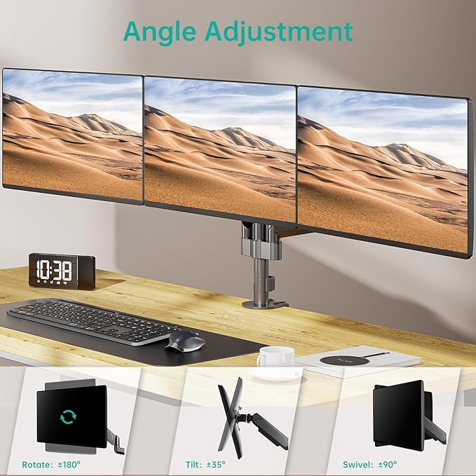 WALI Triple Monitor Mount for 13-27 inch Screens, Adjustable 3 Monitors Desk Mount with Swivel, Tilt, Clamp & Grommet Kit, Triple Monitor Stand for Desk, VESA 75x75/100x100mm (GSDM003), Black