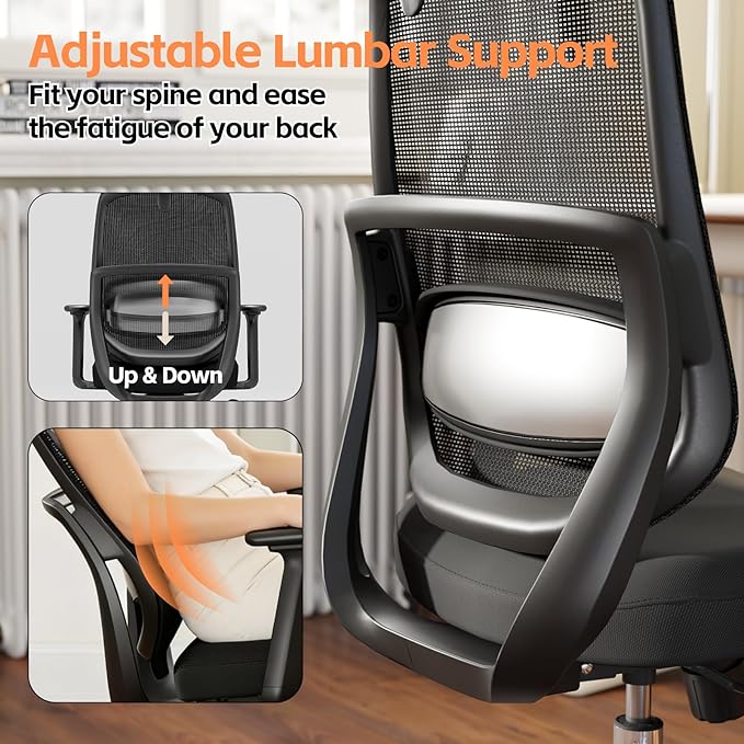 Ergonomic Office Chair, Home Office Desk Chairs, 3D Lumbar Support High Back Desk Chair, Comfortable Computer & Gaming Chair for Office & Home - Black