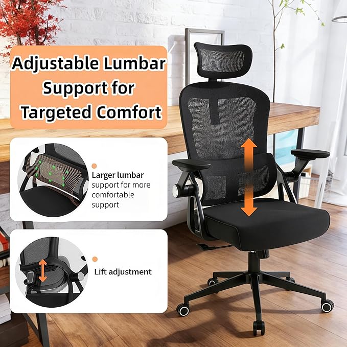 Ergonomic Office Chair - 350LB Comfy Desk Chairs with Adjustable Headrest and Lumbar Back Support, Mesh Computer Chairs with Wheels and Arms for Home Office, Study