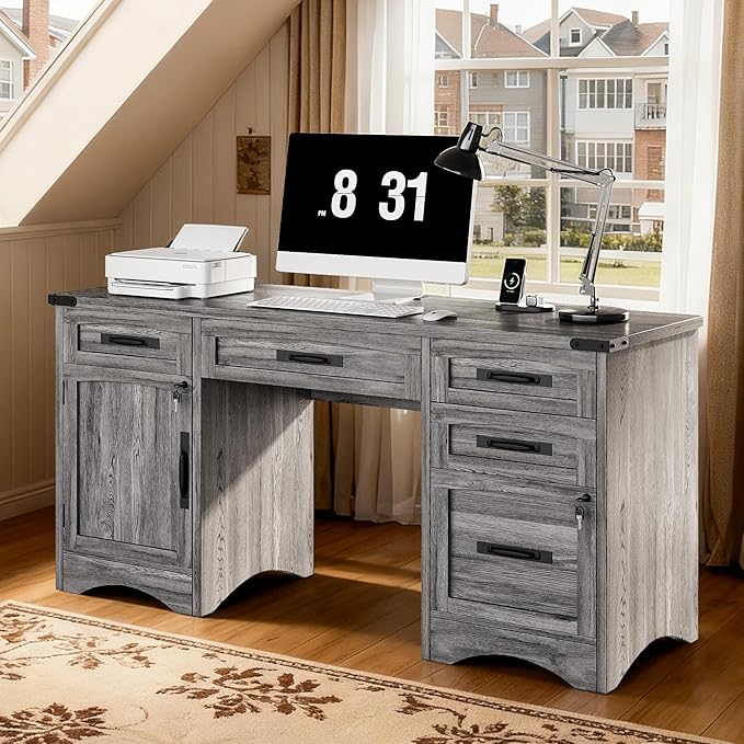 Decofy Farmhouse Executive Desk with Drawers, 55" Home Office Desks with Fast Charging Station, Lockable File Cabinet, Wood Writing Computer Desk for Work, Study, Grey
