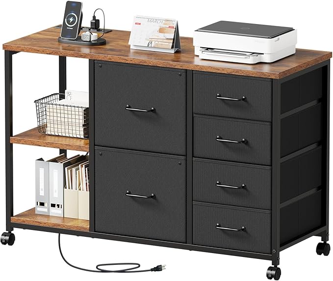 Maihail 6 Drawer File Cabinet with Charging Station Rolling Printer Stand with Open Storage Shelf Fabric Lateral Filing Cabinet for Home Office,Rustic Brown
