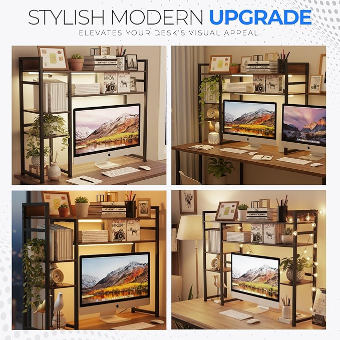 Desk Shelf Storage, 38 Inch, 4-Tier Wood Bookshelf Organizer, Computer Desk Hutch – Dark Brown, Desktop Bookshelf Organizer Shelf for Desk for Dorm Workspace and Home Office Use