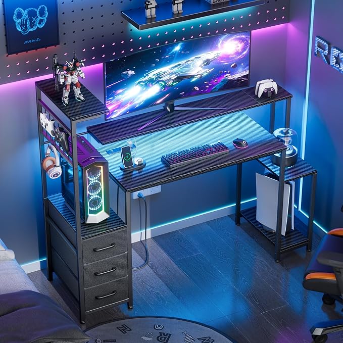 Korfile 48 Inch Gaming Desk with LED Lights & Power Outlets,Computer Desk with Fabric Drawers & Side Hook,Reversible Gamer Table with Monitor Stand for Game Room,Home Office,Carbon Fiber Black