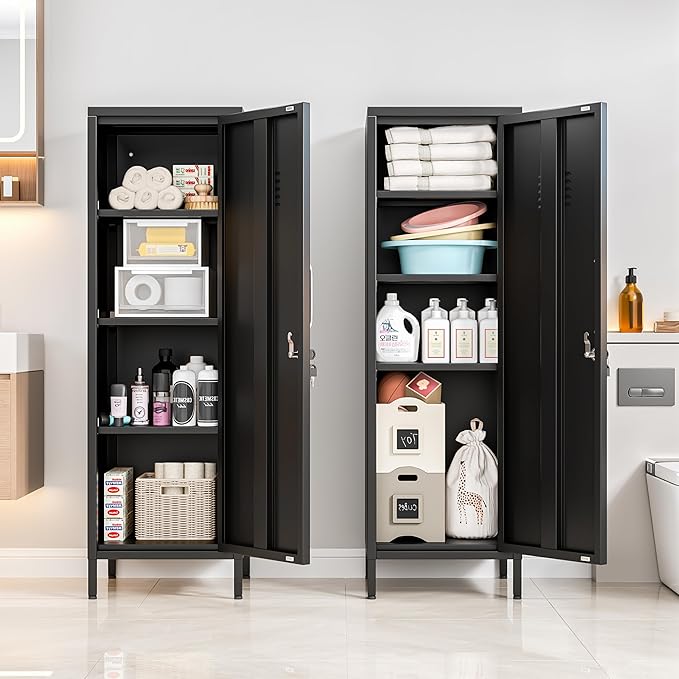 Ckzbx Tall Narrow Storage Cabinet 51.18" H Bathroom Cabinet Metal Pantry Cabinets, 3 Adjustable Shelves for Kitchen, Home Office, Living Room, Dinning Room (Black)