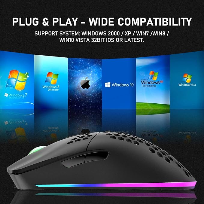 XINMENG Wireless Gaming Mouse Lightweight Honeycomb Design 3200 DPI Rechargeable Gaming Mouse with 16 Rainbow Backlit, USB Receiver,Compatible with PC Gamers and Xbox and PS4 Users