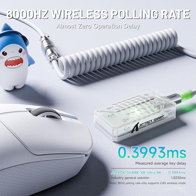 ATTACK SHARK X8ULTRA Wireless Gaming Mouse, 42000 DPI PAW3950MAX Sensor, 8000Hz Optical Nordic 52840 Tri-Mode 2.4G/BT/Wired, 55g Lightweight Big Hand Ergonomic Mouse with Coiled Cable-White&Tape
