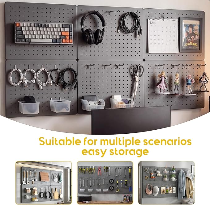 Peg Board for Tools, 6 Pack Metal Pegboard Wall Organizer with Hooks,16"×12" Gray Pegboard Panels for Walls Home, Garage Tool Storage, Kitchen, Office Organization, Craft Room