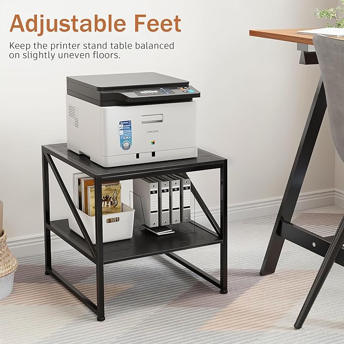 2-Tier Large Priner Stand with Storage Shelf, 20"×20" Under Desk Printer Table for Home Office Organization, End Table for Living Room, Heavy Duty Storage Rack for Scanner Fax Heat Press, Black