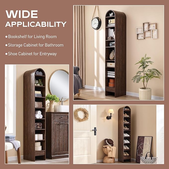 IFGET 67" Tall Arched Bookshelf, 8 Tiers Arch Bookcase with Storage, Modern Farmhouse Book Shelf with Adjustable Shelves, Wood Bookshelf w/Open Display Shelves for Living Room, Office (Brown)