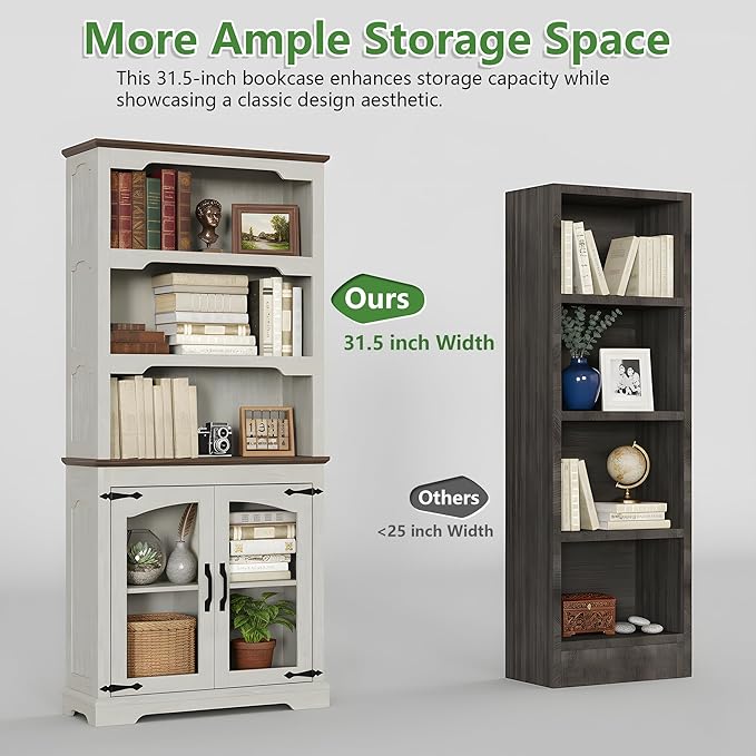 70 Inches Farmhouse Bookcase Bookshelf, Two-Tone Shelves, 5 Tier Bookshelf with Glass Door Storage Arched Trim, Home Office Living Room Storage Cabinet Unit (Distressed White & Walnut, Glass Doors)