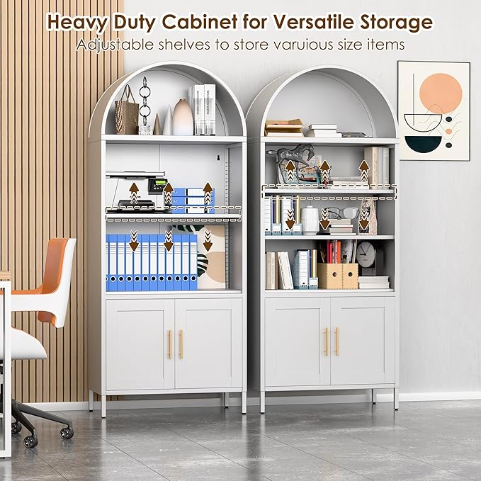 VEXPOR 73" Tall Metal Arched Bookcase with Doors, 5-Tier Arched Bookshelf with 2 Adjustable Shelves for Living Room, Home Office, Assembly Required, White, 15.35" D x 30.71" W x 72.83" H