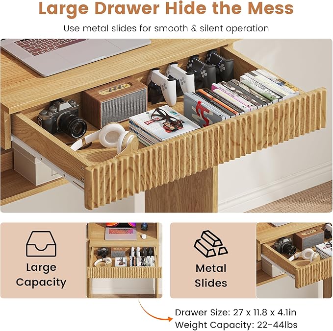kepptory 63" Tall Computer Desk with Hutch, Fluted Wood Home Office Desk with Charging Station, Drawer & Storage Cabinet, Oak Workstation for Work & Study