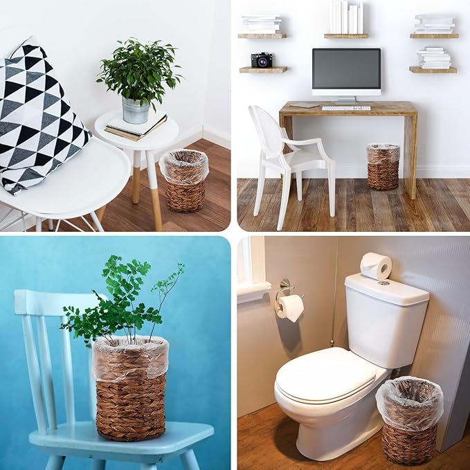 Ctosree 2 Pcs Wicker Trash Can Basket Woven Waste Basket with Lid Bathroom Wastebasket Garbage Bin with 100 Pieces of Trash Bags for Bedroom Farmhouse Home Office Kitchen(Deep Coffee, Small)