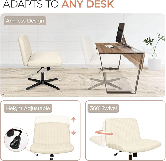 Orange Factory Criss Cross Chair No Wheel Wide Cross Legged Office Desk Vanity Chair Comfy Fabric Armless Adjustable Swivel for Home Computer Task (Beige No Wheel, Classic Fabric)