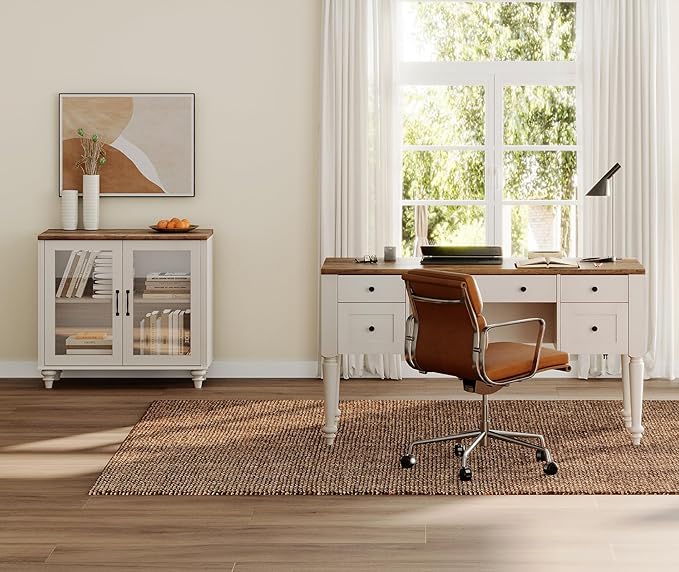 WAMPAT Home Office Furniture Set, 56" Executive Desk with Charging Station, Farmhouse Cabinet with Glass Doors, Wood Computer Desk with File Cabinet Storage, Open Shelf, White