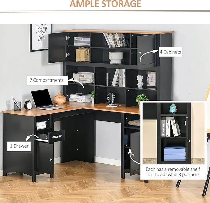 HOMCOM L Shaped Computer Desk with Hutch, 59" Corner Desk, Space Saving Home Office Desk with Storage Shelves, Drawer and Cabinet, Black