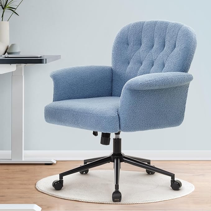 IWMH Home Office Desk Chair, Teddy Fabric Cozy Desk Chair with Wheels and Arms, Modern Upholstered High Back Wide Seat Vanity Chair for Bedroom Living Room Makeup (Blue)