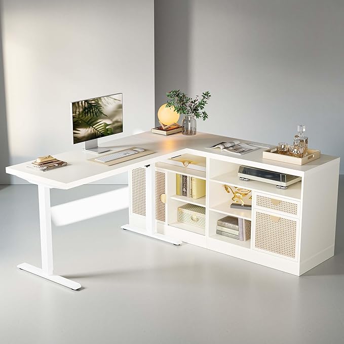 86" U Shaped Electric Standing Desk, Height Adjustable Executive Desk with Storage and Power Outlet, Large Home Office Furniture Sets, White Rattan