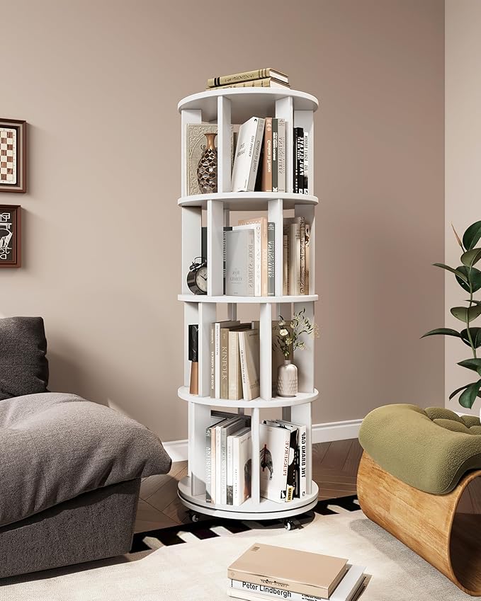 IUNVR Rotating Bookshelf, 4 Tier Solid Wood Bookshelf Tower with Lockable Wheels, 360° Spinning Revolving Bookcase for Small Spaces, Corners, Bedroom, Kids Room, Home Office, White