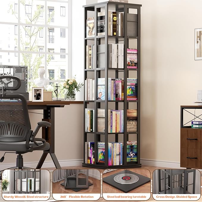 Aheaplus Rotating Bookshelf, Corner Bookcase, 360 Display Wood Spinning Bookshelves, Floor Standing Bookcases Narrow Shelf, 5 Tiers, Black