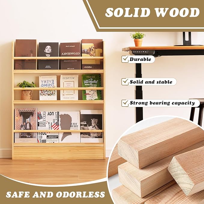Baveke Kids Bookshelf, 3 Tier Shelves Behind The Door Book Shelf Storage, Children's Solid Wood Bookcase Space- Saving, Wall Mount Bookshelf for Bedroom, Living Room, Nursery（FSC-Certified Wood）