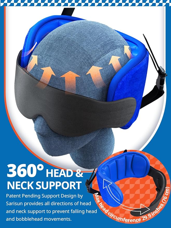SARISUN 3 in 1 Airplane Travel Essentials Kit, Travel Pillow with Head Support, 3D Eye Mask for Sleeping, No Collapse Foot Hammock for Airplane, Portable Long Flights/Car Road Trip Essentials Sets