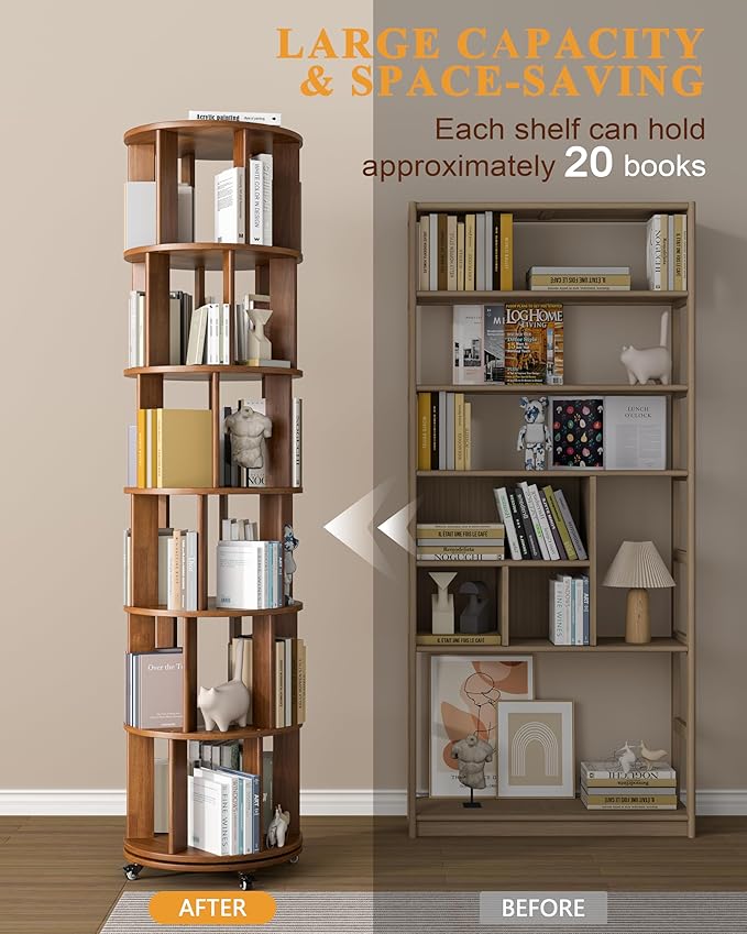 IUNVR Rotating Bookshelf, 6 Tier Solid Wood Bookshelf Tower with Lockable Wheels, 360° Spinning Revolving Bookcase for Small Spaces, Corners, Bedroom, Kids Room, Home Office, Walnut