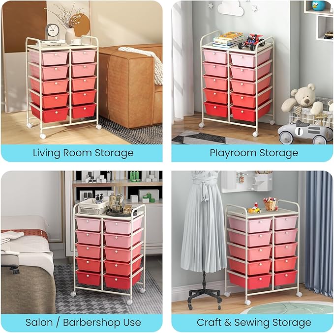 Moccha 10-Drawer Rolling Storage Cart - Under Desk Storage Drawers with wheels for Craft Art Supply Paper Salon, Scrapbook Paper Tools, Mobile Utility Cart for Classroom, Gradient Pink