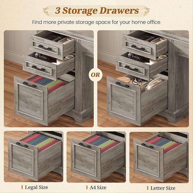 SEDETA Farmhouse L Shaped Desk with Hutch and 3 Drawers, 68.9" Executive Office Desk with File Drawer and Power Outlet, Corner Computer Desk with Storage Shelves for Home Office (Grey)