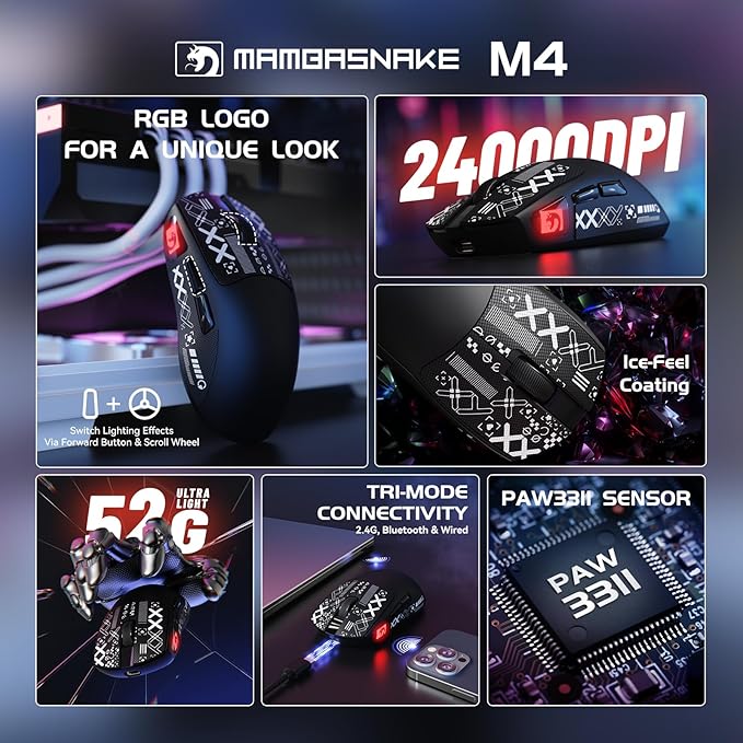 MAMBASNAKE M4 Ultra-Light Wireless Gaming Mouse 52g, 24000 DPI PAW3311 Optical Sensor,2.4G/BT/Wired Ergonomic Computer Mice, RGB Lighting,400mAh Battery, Programmable Mouse for PC/Win/MAC-Black &Tape